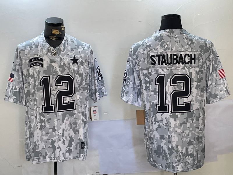 Men's Dallas Cowboys Roger Staubach #12 Arctic Camo 2024 Salute to Service Retired Limited Jersey